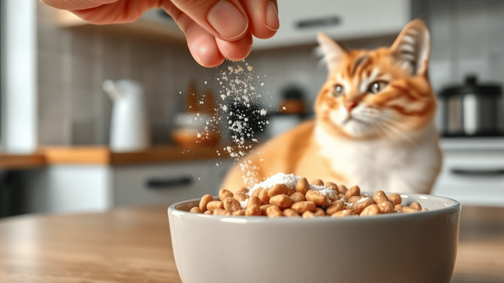 A person’s hand adding probiotic powder to a bowl of cat food.