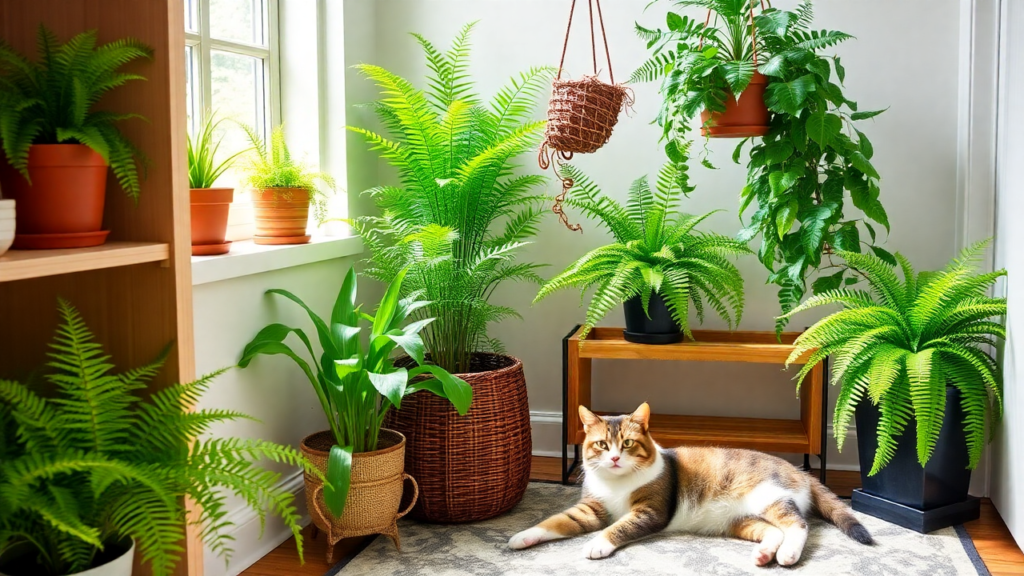 A collection of Boston ferns, bird’s nest ferns, and button ferns in a sunny indoor corner.