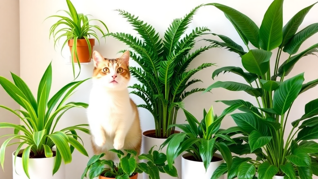 A variety of non-toxic, cat-safe houseplants, including spider plants, Boston ferns, and areca palms.