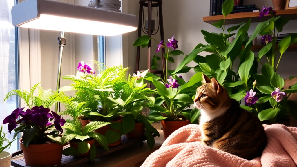 Winter indoor scene with a grow light aiding Boston ferns and a cat resting nearby