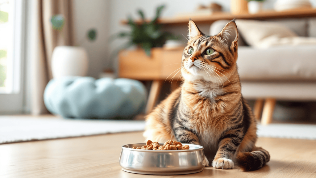 A healthy domestic cat sitting near a food bowl in a cozy home setting.