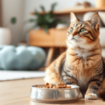 A healthy domestic cat sitting near a food bowl in a cozy home setting.