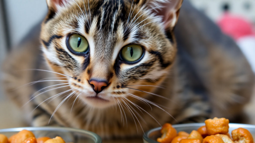 A playful, well-groomed cat with bright eyes sitting near its food bowl.