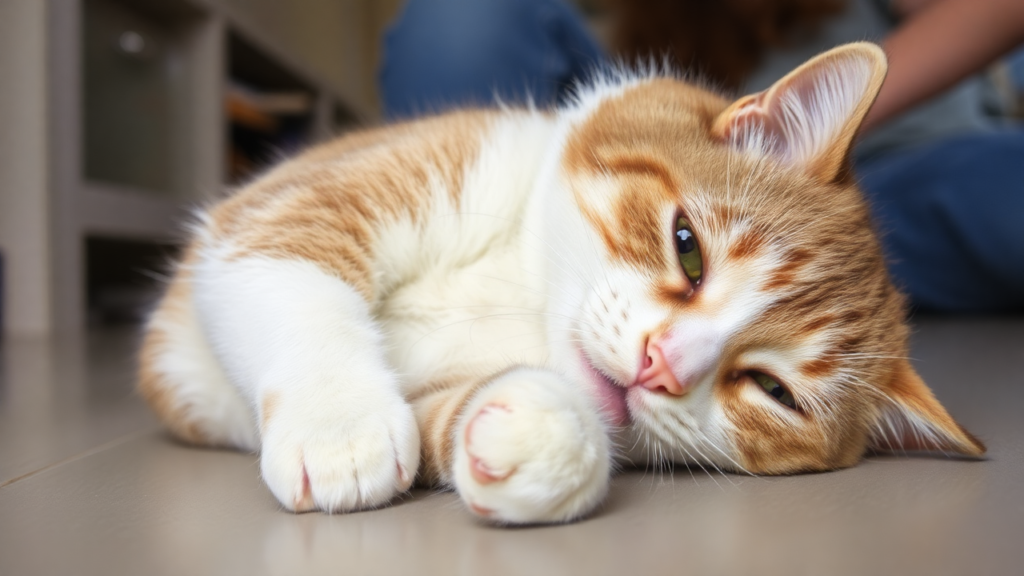 A sick cat lying down with visible signs of poisoning, including lethargy and loss of appetite.