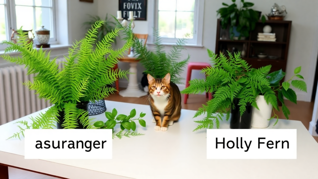 "are ferns toxic to cats" Toxic fern varieties, including asparagus and holly ferns, displayed on a table.