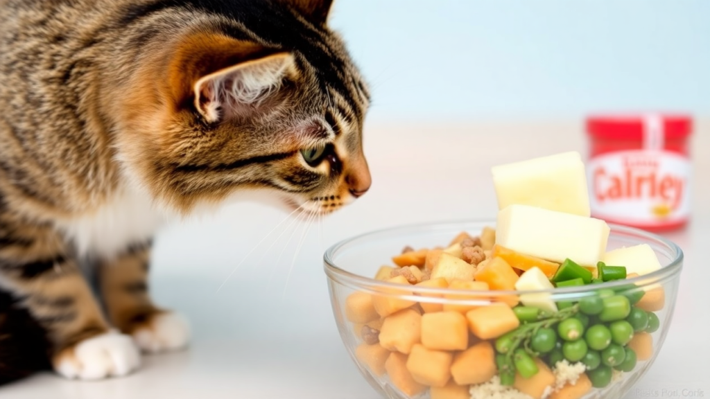 A cat sniffing a bowl with a mix of commercial and homemade food.