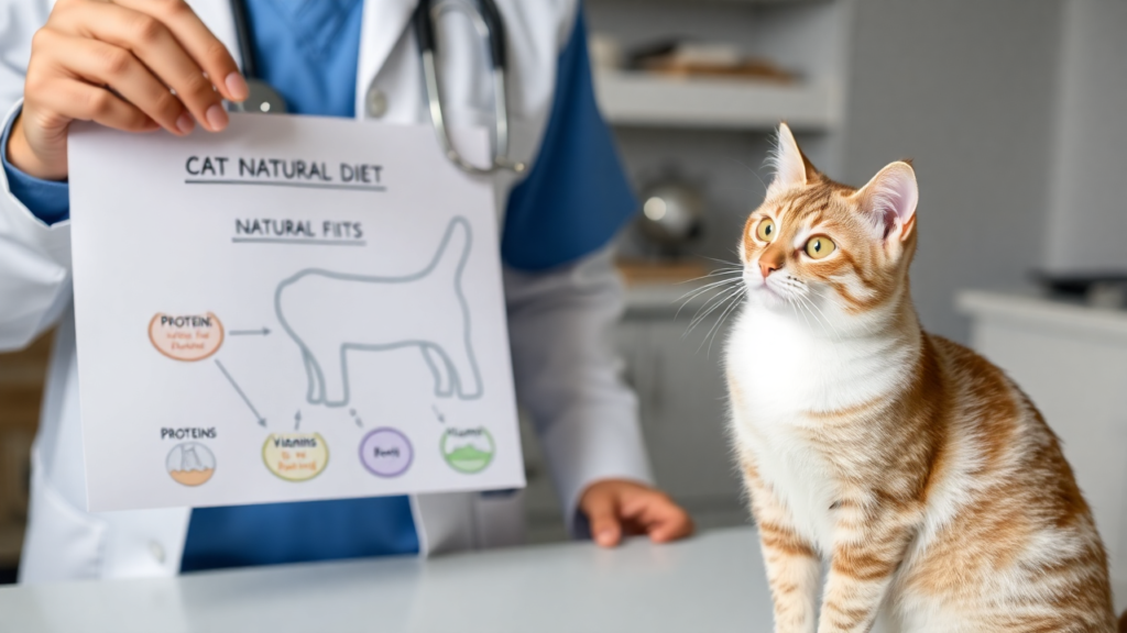 A veterinarian showing a simple diet chart for cats, explaining essential nutrients.