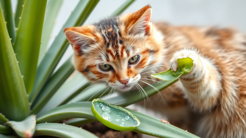 A close-up of an aloe vera plant with highlighted toxic components, emphasizing its danger to cats.