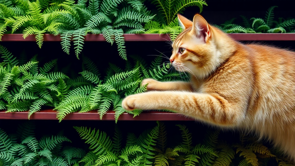 A cat reaching toward a fern on a shelf in a modern home.