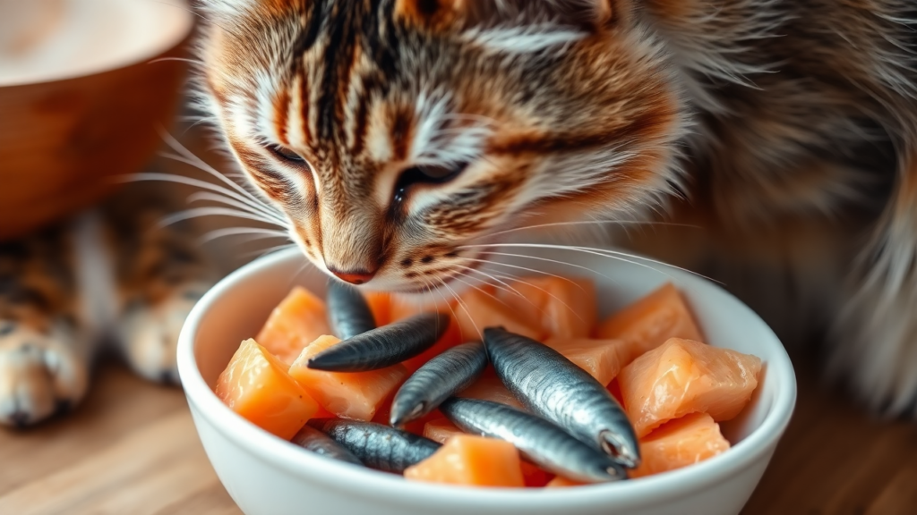 Cat eating cooked salmon and sardines.