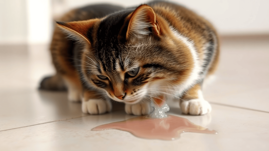 A cat vomiting foam on a tiled floor, showing signs of discomfort.