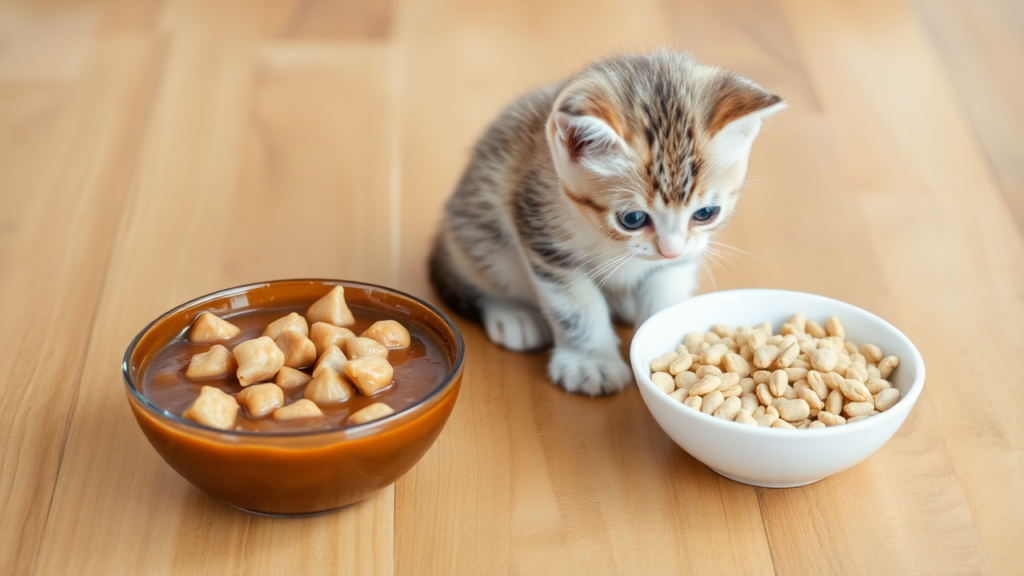 Two bowls on a wooden surface, one with wet kitten food and the other with dry kibble, with a curious kitten observing both.