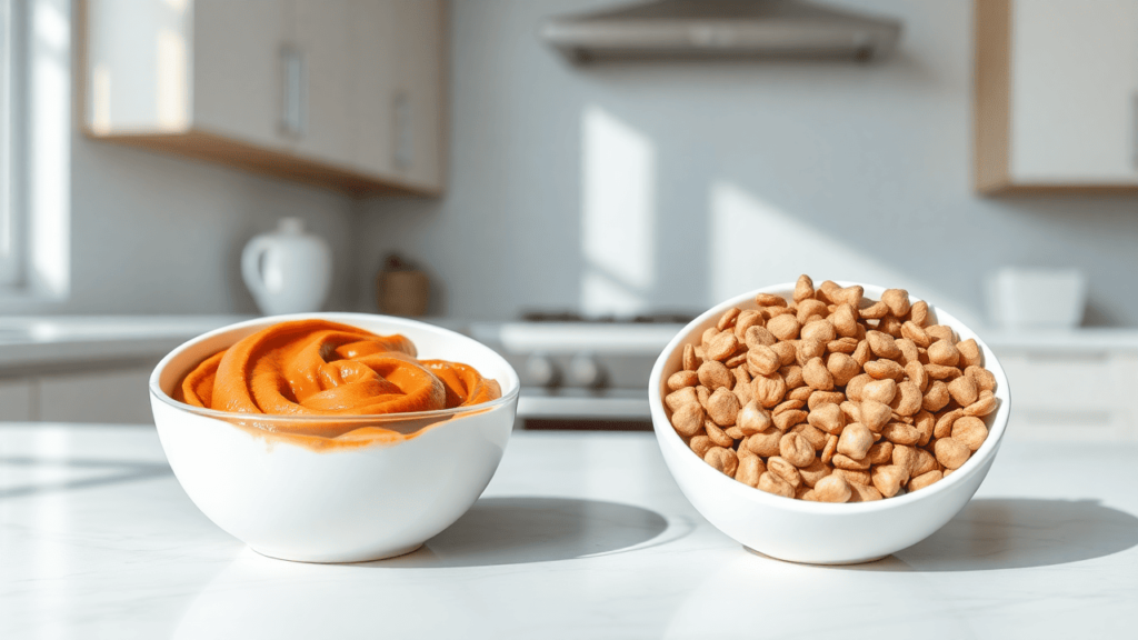 Two cat food bowls side by side, one with wet food and one with dry kibble.