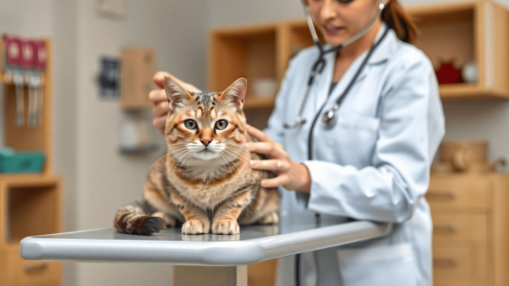 A veterinarian examining a cat with a stethoscope in a professional clinic setting.