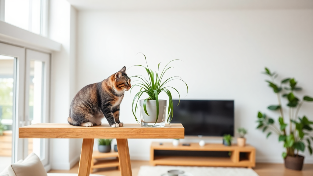 A minimalist living room with a spider plant on a high shelf, out of a cat's reach.