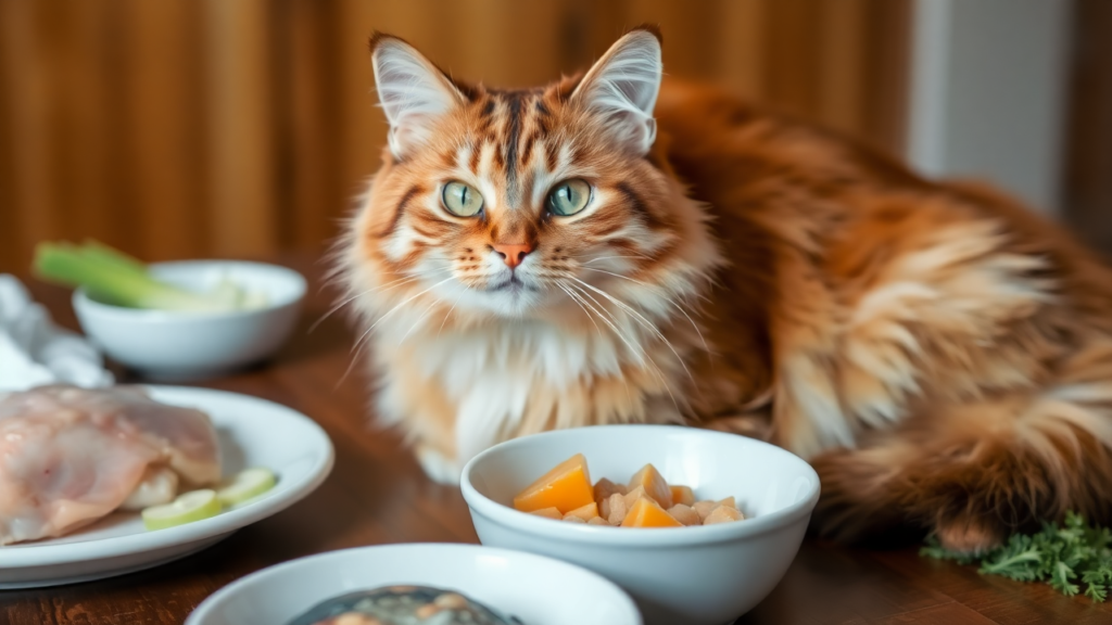 A healthy cat sitting near a bowl of fresh homemade food made from natural ingredients.