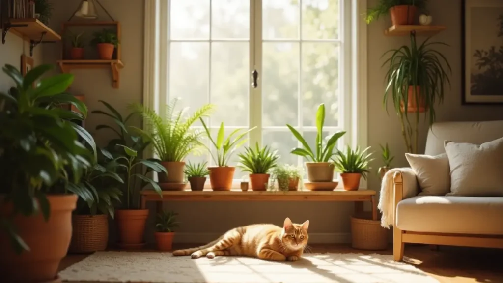 Safe and Stylish: House Plants That Are Safe for Cats and Beautiful for Your Home 2 A cozy living room filled with house plants that are safe for cats, including spider plants, areca palms, and ferns, with a cat resting peacefully nearby.