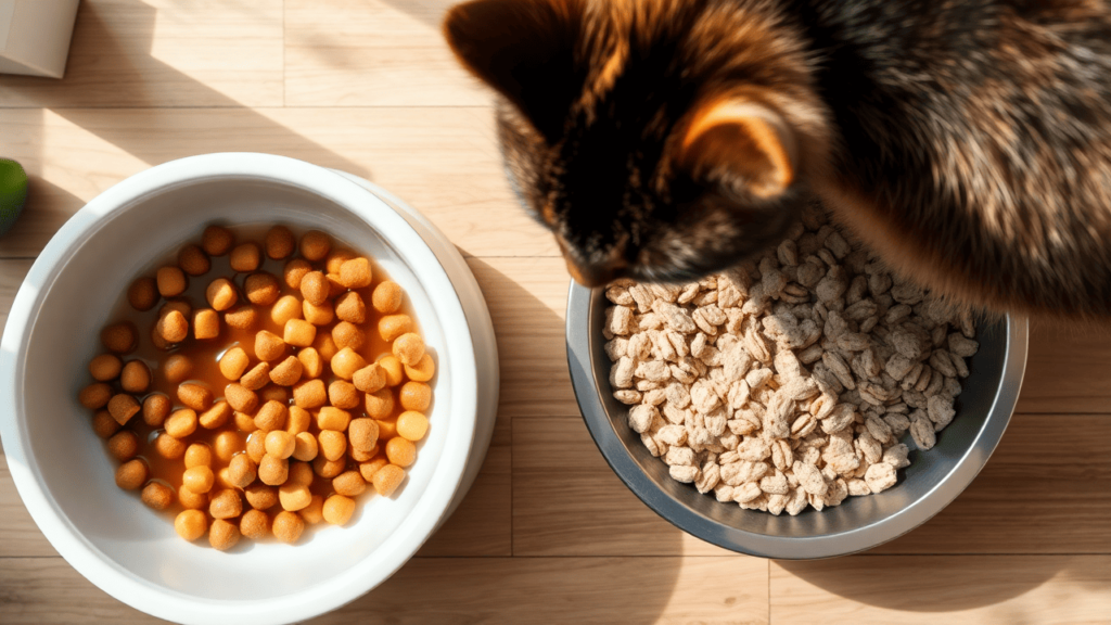 A cat eating from a bowl with wet cat food next to a bowl of dry food, showing a balanced diet.