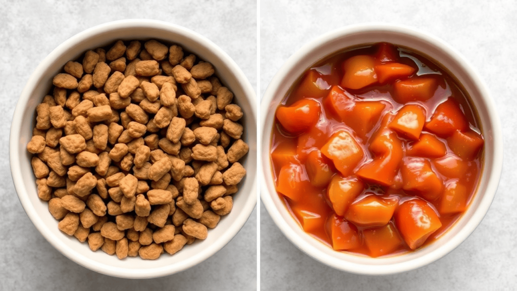 A side-by-side comparison of a bowl of dry cat food and a bowl of wet cat food, showcasing their differences in texture and moisture content.