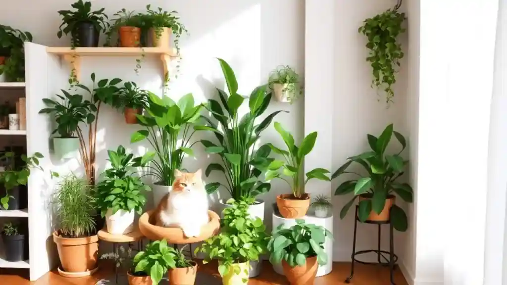 Safe and Stylish: House Plants That Are Safe for Cats and Beautiful for Your Home 1 A cozy corner filled with house plants that are safe for cats, featuring a fluffy orange cat sitting comfortably among lush green potted plants.
