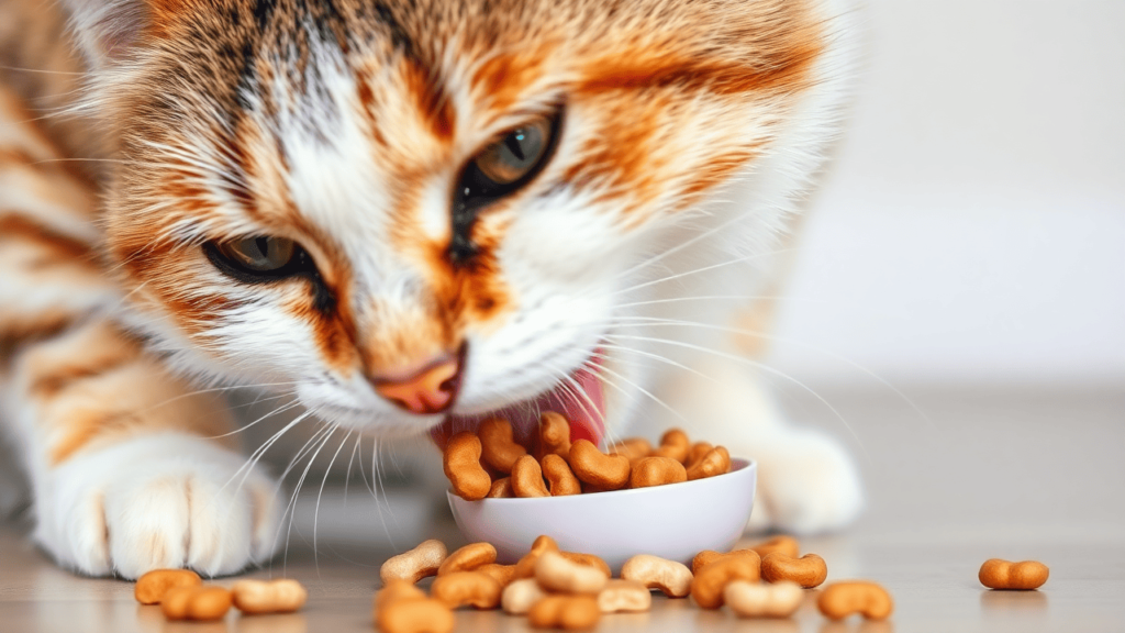 A cat chewing dry cat food, showcasing its crunchy texture.