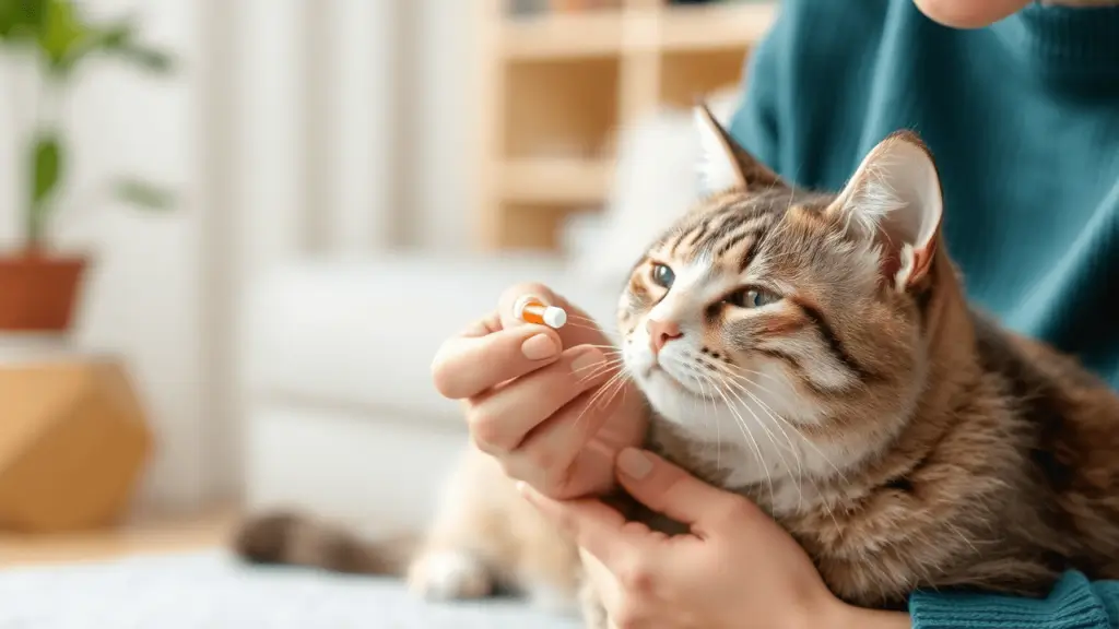 Revolution Plus for Cats vs. Credelio for Cats: Which Flea Treatment Is Best? 2 A cat owner gently offering a flea treatment pill to their cat, ensuring easy administration.