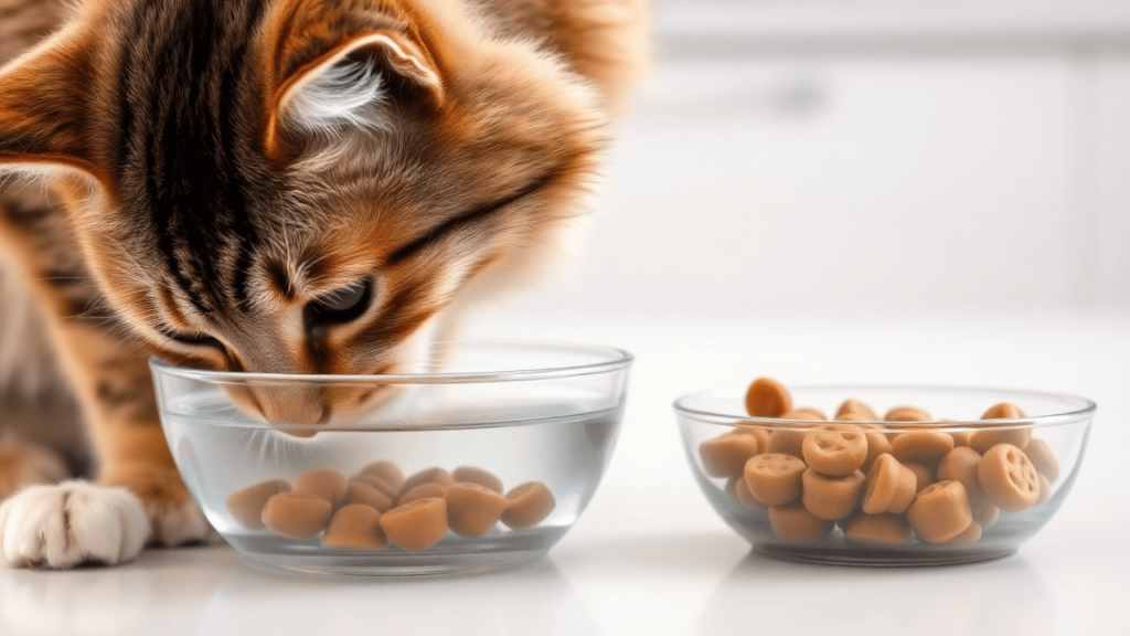 A cat drinking water beside a bowl of wet cat food in a well-lit home.