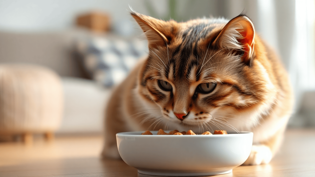 A domestic cat enjoying wet cat food from a ceramic bowl in a cozy home setting.