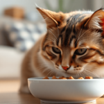 A domestic cat enjoying wet cat food from a ceramic bowl in a cozy home setting.