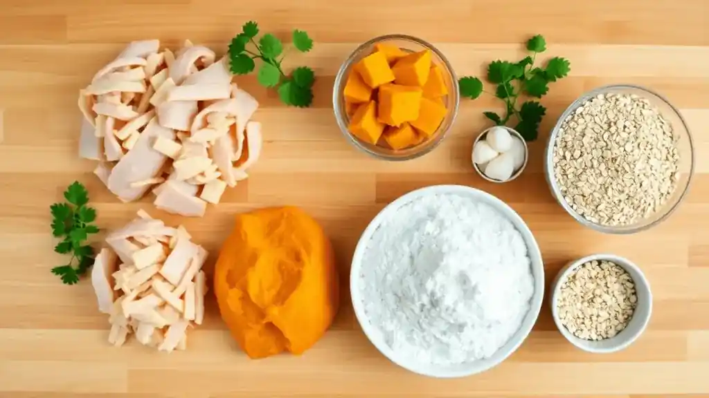 Bake the Purr-fect Party: A Birthday Cake for Cats Your Feline Will Love! 2 Fresh, natural ingredients like shredded chicken, tuna, pumpkin puree, and oat flour arranged for a homemade cat birthday cake.