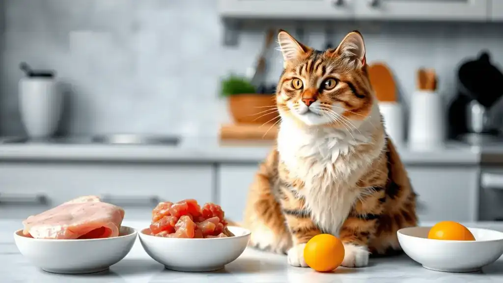 Raw diet for cats prepared with fresh meat and egg yolk on a kitchen counter