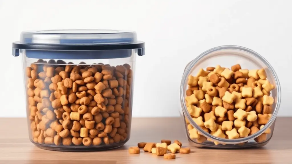 Fresh and Safe: The Ultimate Guide to Cat Food Containers 2 An airtight container filled with dry cat food next to an open container with spoiled kibble, showing the importance of proper storage.