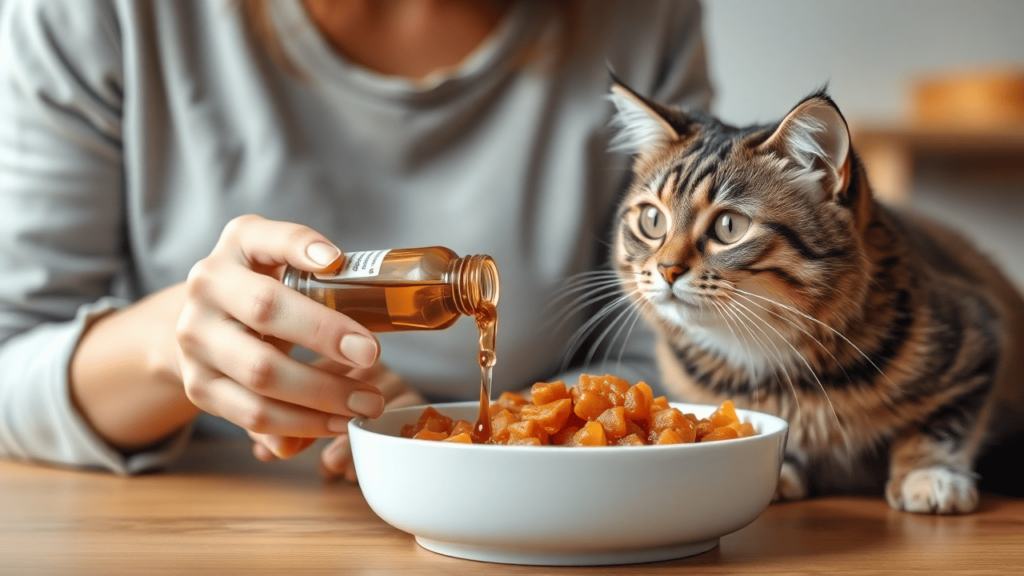 cat owner carefully adding fish oil for cats to a bowl of wet food to ensure proper dosage and health benefits.