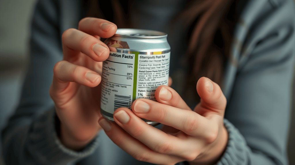 A person carefully examining a can while holding it in their hands.