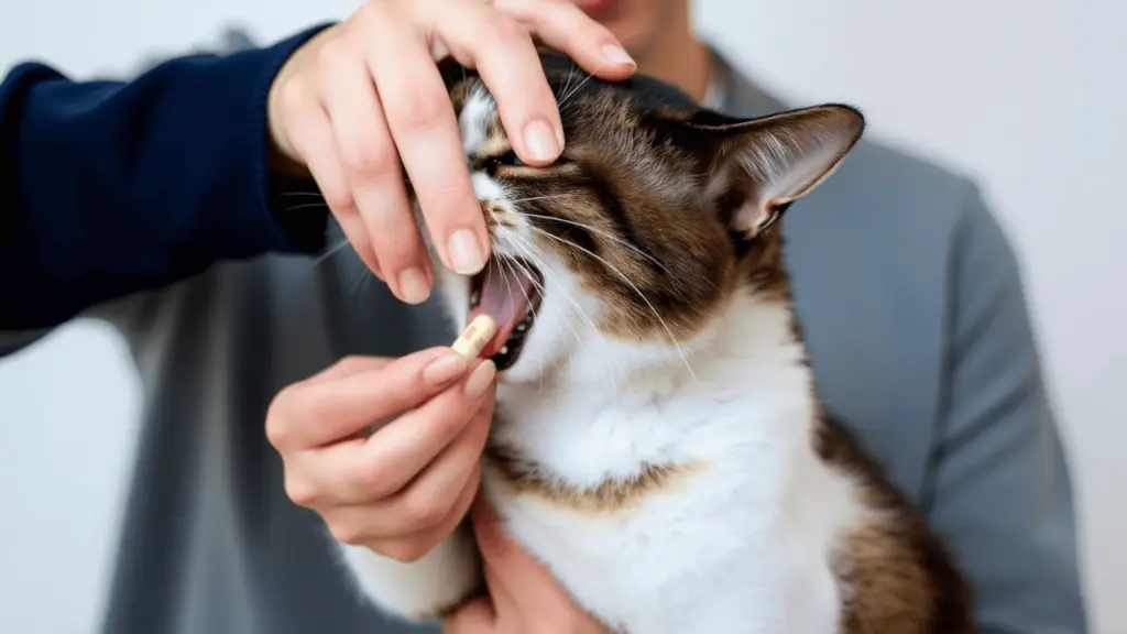 How to Give a Cat a Pill: Effective Methods and Stress-Free Solutions 3 A person carefully placing a pill at the back of a cat’s tongue while keeping the cat calm.