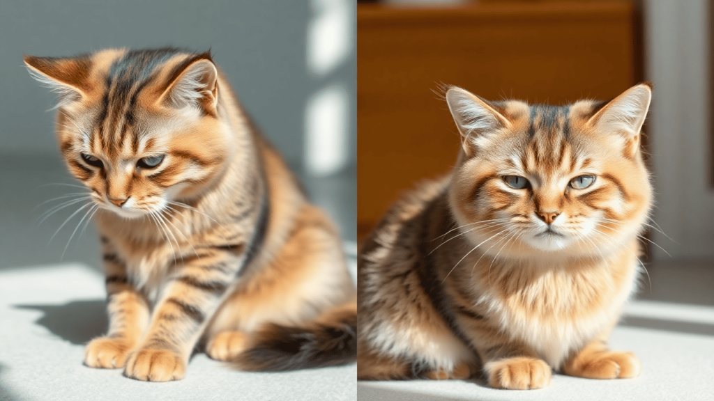 A side-by-side comparison of a cat with dry skin and dull fur versus a cat with a healthy, shiny coat.