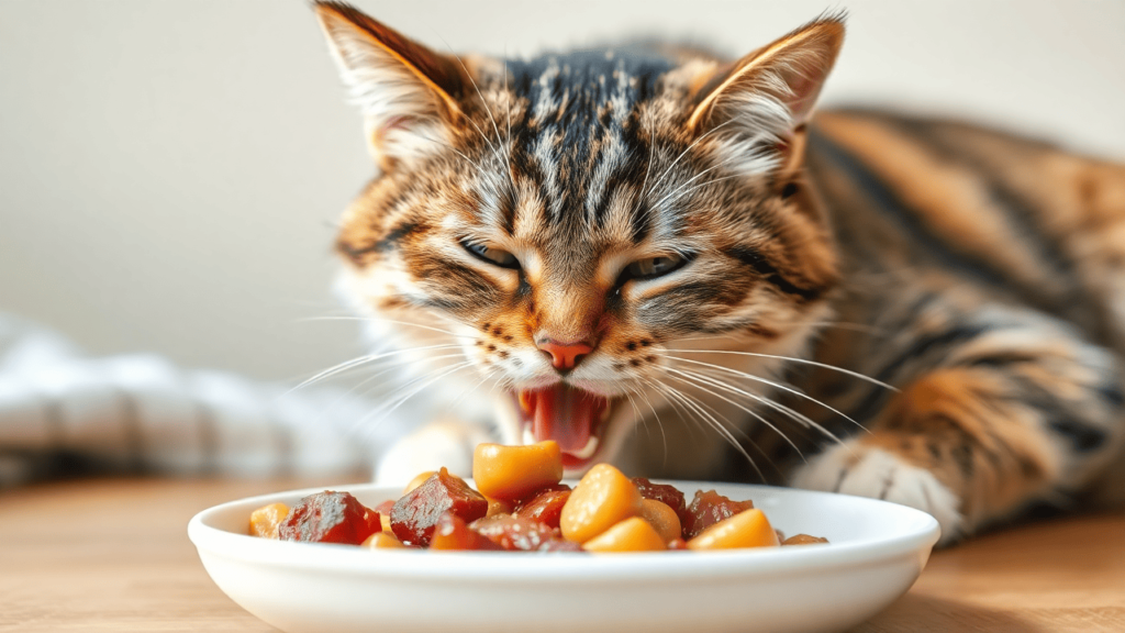 A domestic cat eating a high-protein meal containing rich organ meats, emphasizing a species-appropriate diet.