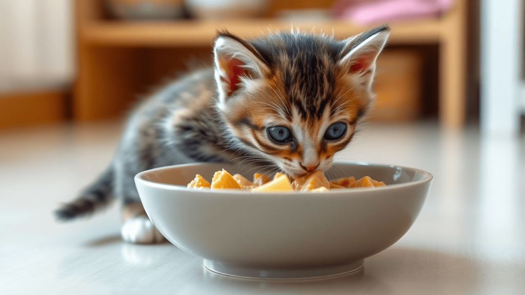 A small, playful kitten enjoying a bowl of soft, nutritious food in a warm and inviting home environment.