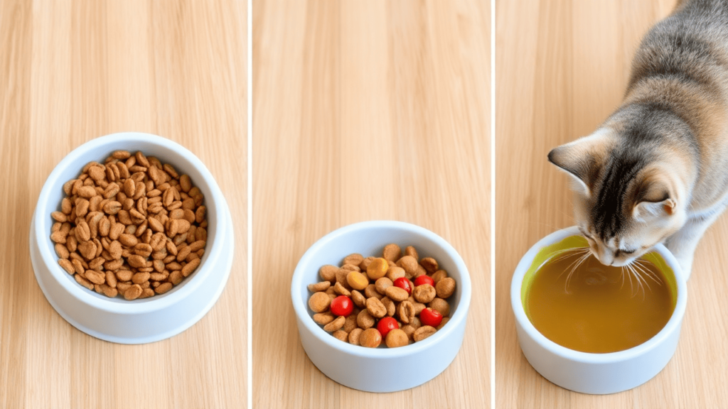 A step-by-step view of a cat’s food transitioning from dry to wet food.