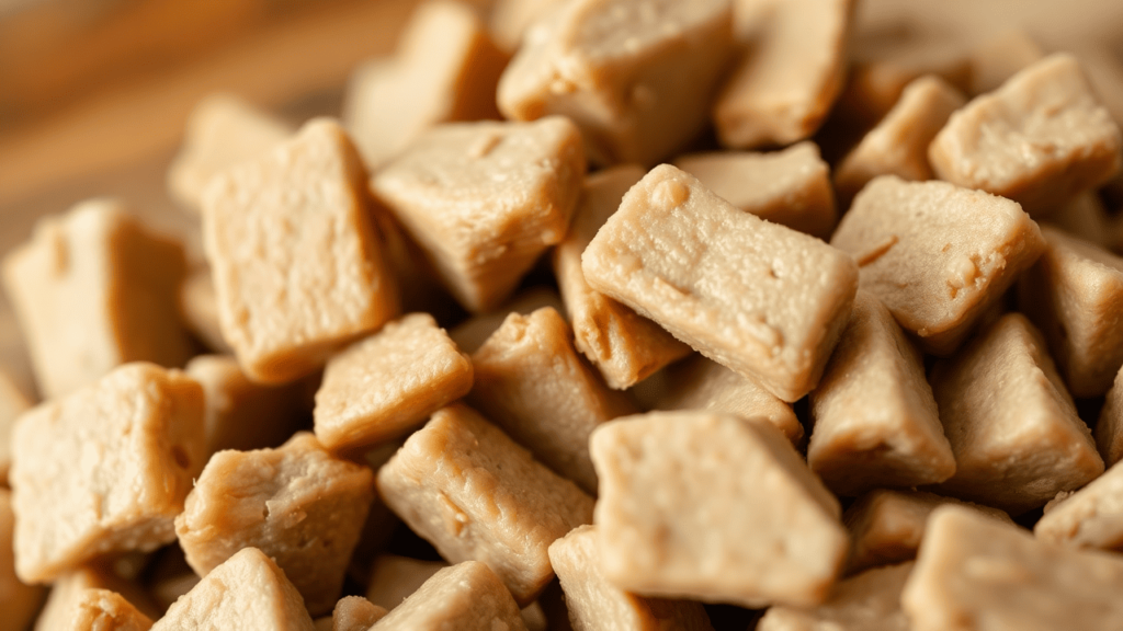 A close-up of high-protein dry cat food pieces on a wooden surface, highlighting their natural texture.