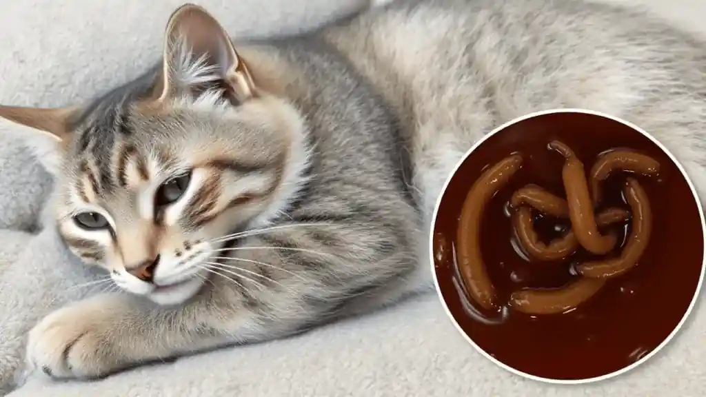 Cat Dewormer Guide: Best Dewormers, Natural Remedies and How to Deworm Your Cat Safely 2 A lethargic cat with a dull coat lying down, with a close-up of visible worms in stool.