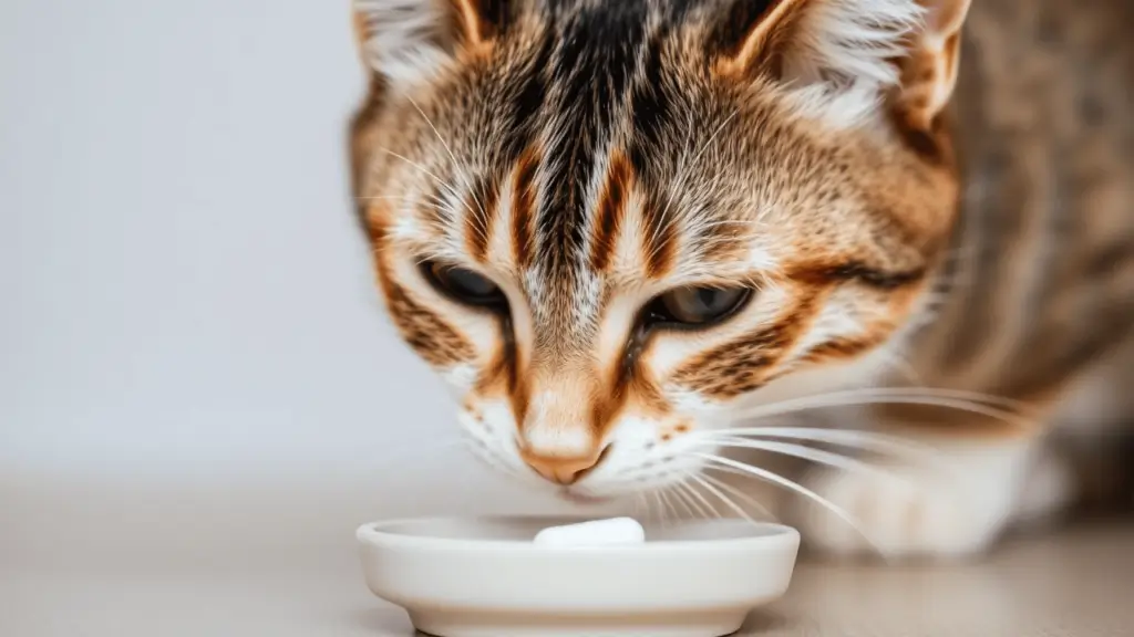 How to Give a Cat a Pill: Effective Methods and Stress-Free Solutions 2 A cautious cat sniffing a pill in a dish, showing hesitation toward unfamiliar objects.