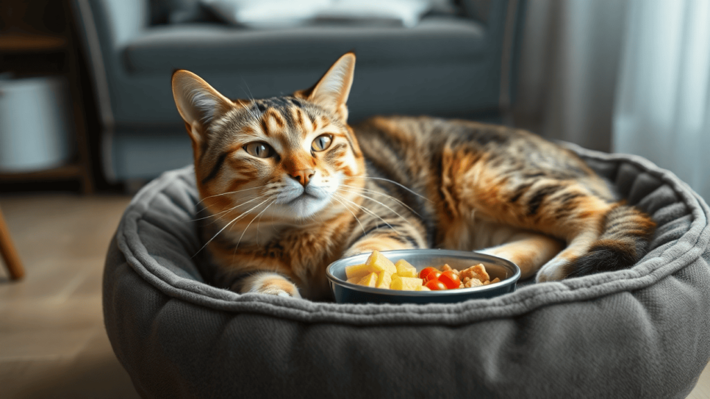 A relaxed indoor cat resting on a cozy bed after enjoying a nutritious meal, looking content and well-fed.