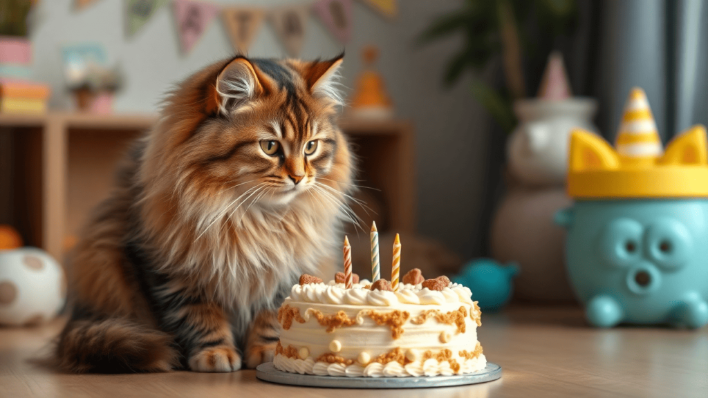 A fluffy cat sitting next to a birthday cake for cats, sniffing the feline-friendly treat in a cozy home setting with soft lighting.