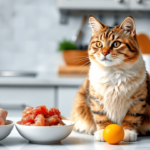 A clean kitchen with a cat sitting beside fresh ingredients like raw chicken, liver, and eggs, emphasizing hygiene and preparation for a raw diet for cats.