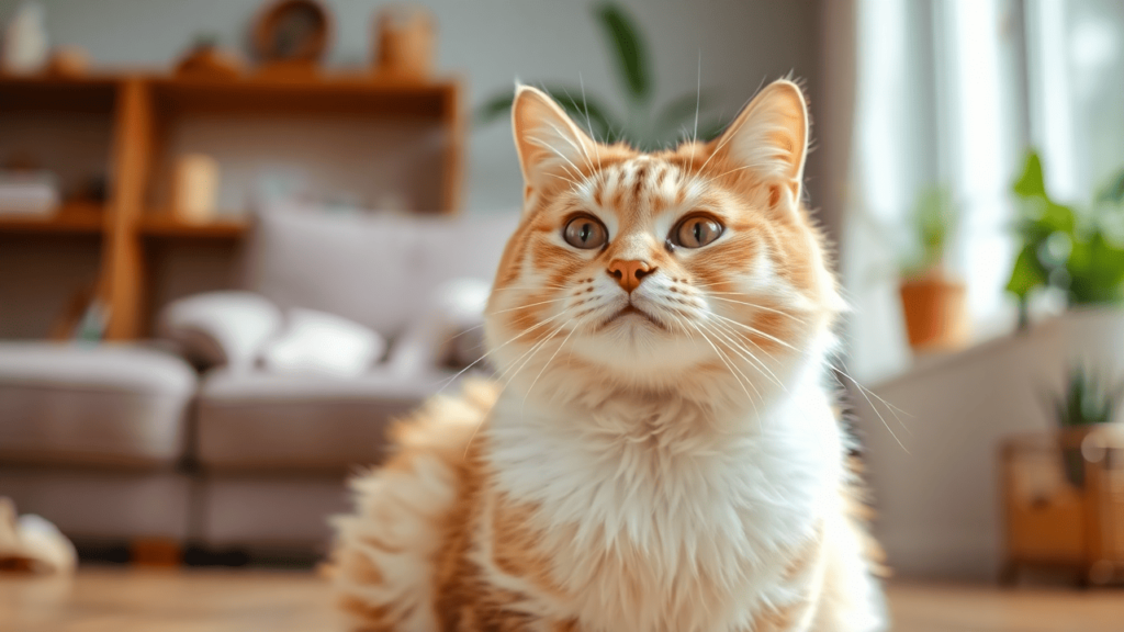 A healthy cat with a shiny coat sitting in a cozy, well-lit home.