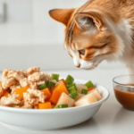 A bowl of homemade cat food recipes with fresh chicken, salmon, and mashed pumpkin on a wooden kitchen counter, with a healthy cat sniffing the meal.