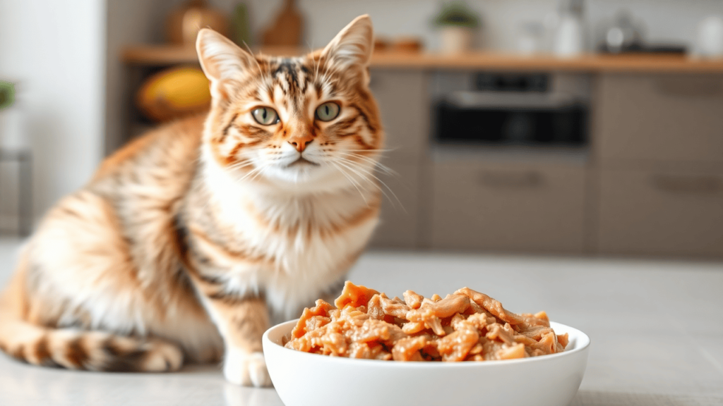 A happy and healthy domestic cat sitting next to a bowl of fresh, high-quality wet cat food in a cozy home setting.