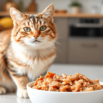 A happy and healthy domestic cat sitting next to a bowl of fresh, high-quality wet cat food in a cozy home setting.