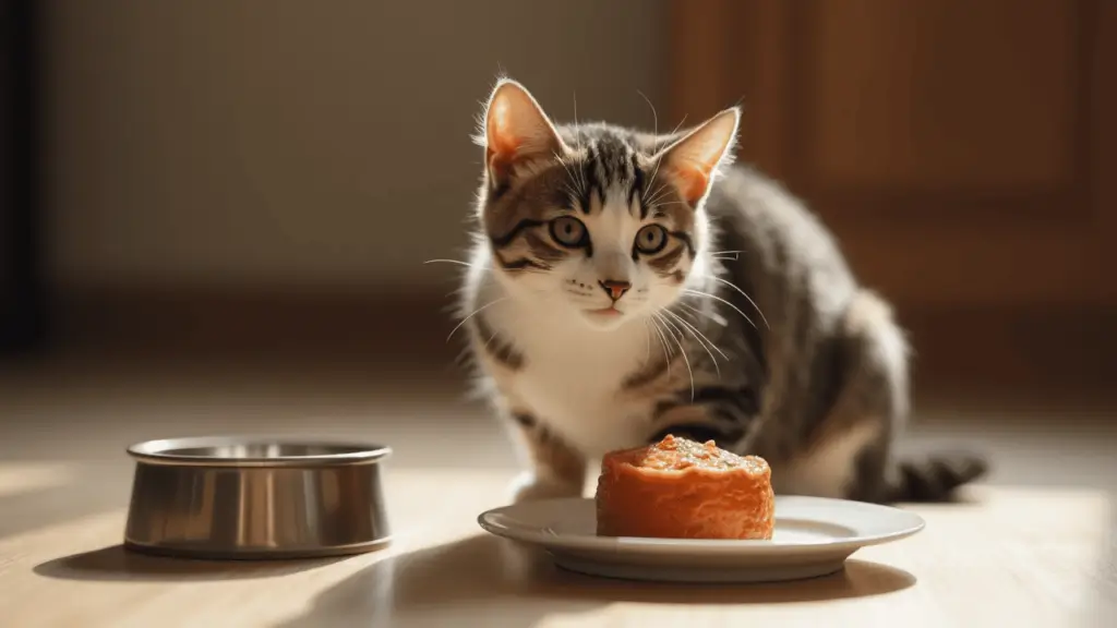 Wet Cat Food: Health Benefits, Top 5 Vet-Recommended Brands & Feeding Tips 1 Happy domestic cat eagerly awaiting a meal of nutritious wet cat food in a ceramic bowl
